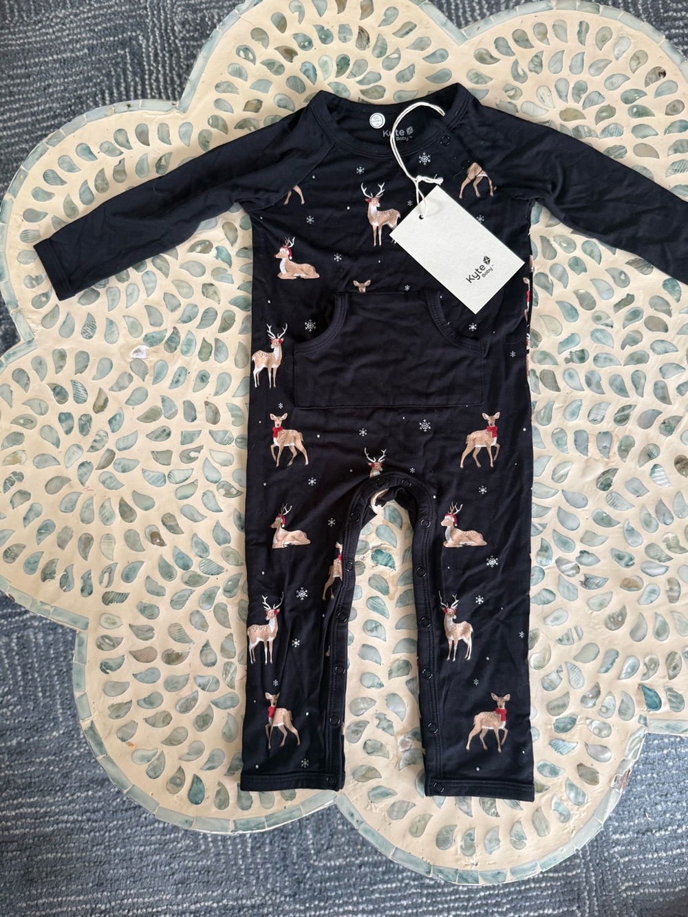 Kyte Baby Midnight Reindeer snap closure longall onsie